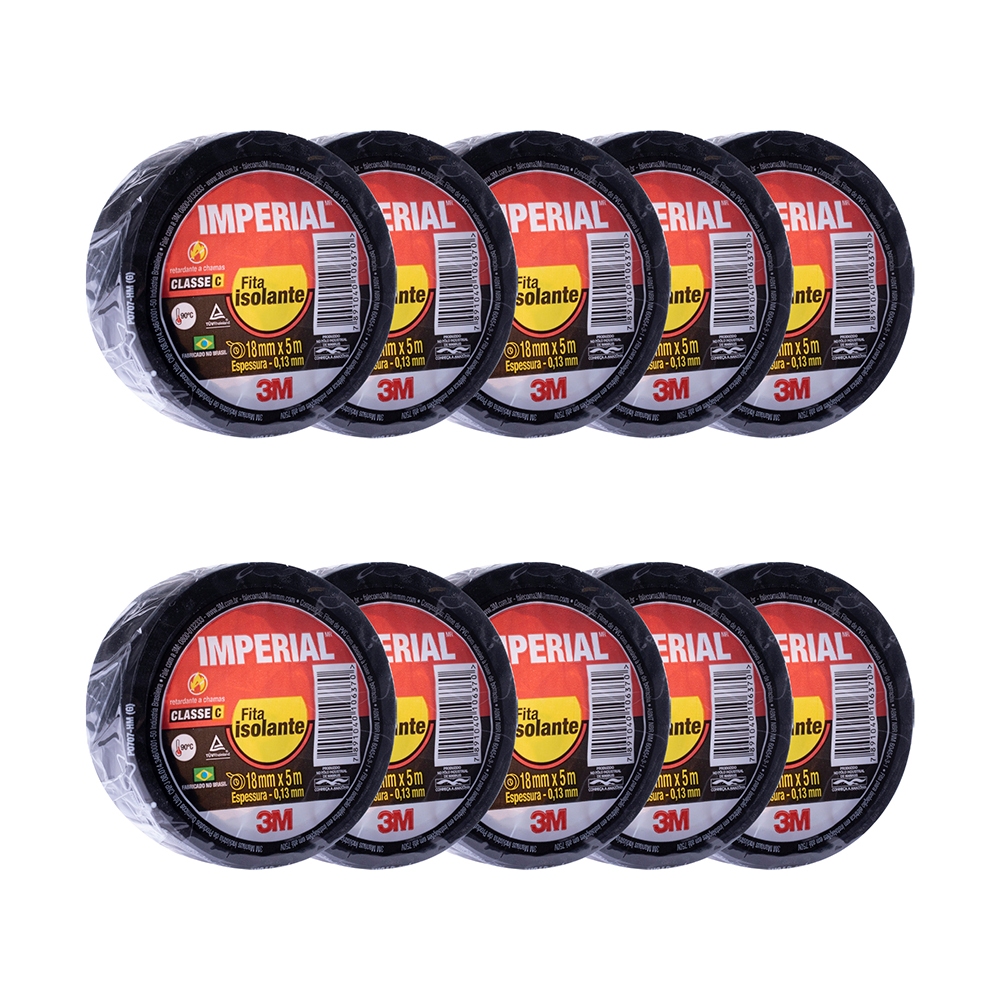 Kit 10 Fitas Isolante Imperial 3m 18mm X 5 Metros Preta Slim Cor Preto Liso 3M