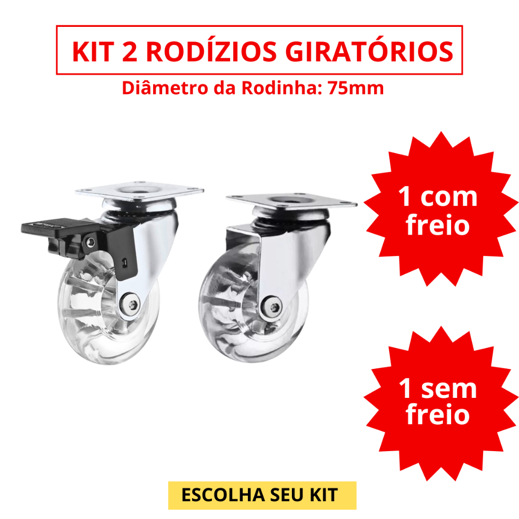 Kit 2 Rodizio Giratório Gel Rodinha Silicone 1 Com Trava1 Sem Trava - 75mm