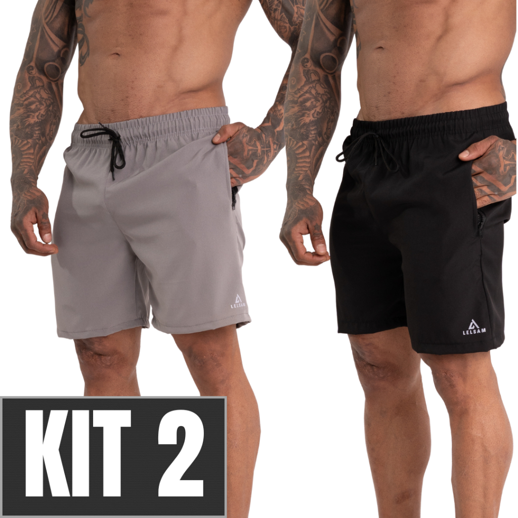 Kit 2 Bermudas Tactel Masculina Academia Praia Secagem Rápida Bolso Zíper Cordão Ajustável
