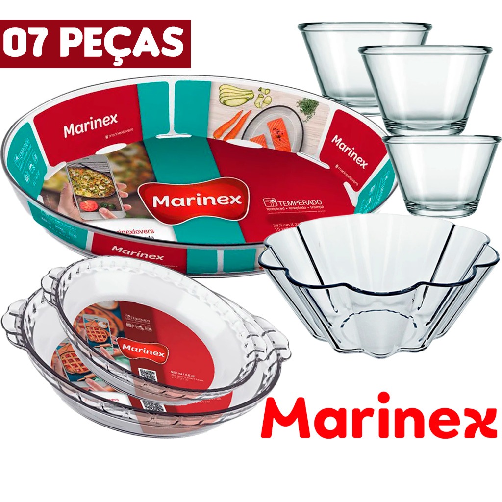 Kit 7 Assadeiras de Vidro Marinex Conjunto Completo Brioche Filetada  e Oval Durável Versá...