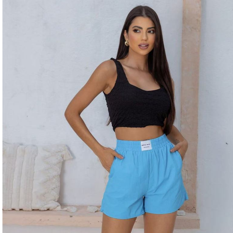Short Feminino Cós Alto com Bolsos e Elástico na Cintura em Tecido Tactel em Oferta na Shopee
