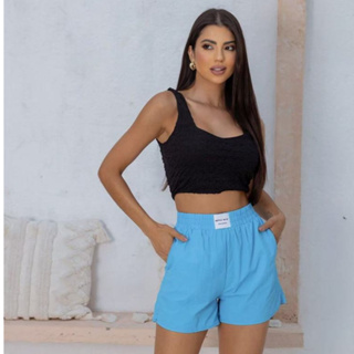 Short Feminino Cós Alto com Bolsos e Elástico na Cintura em Tecido Tactel em Oferta na Shopee