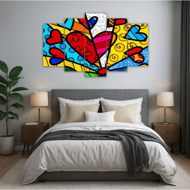 Quadro Decorativo Estilo Romero Britto Arte Colorida Coração Mosaico 5 Peças MDF