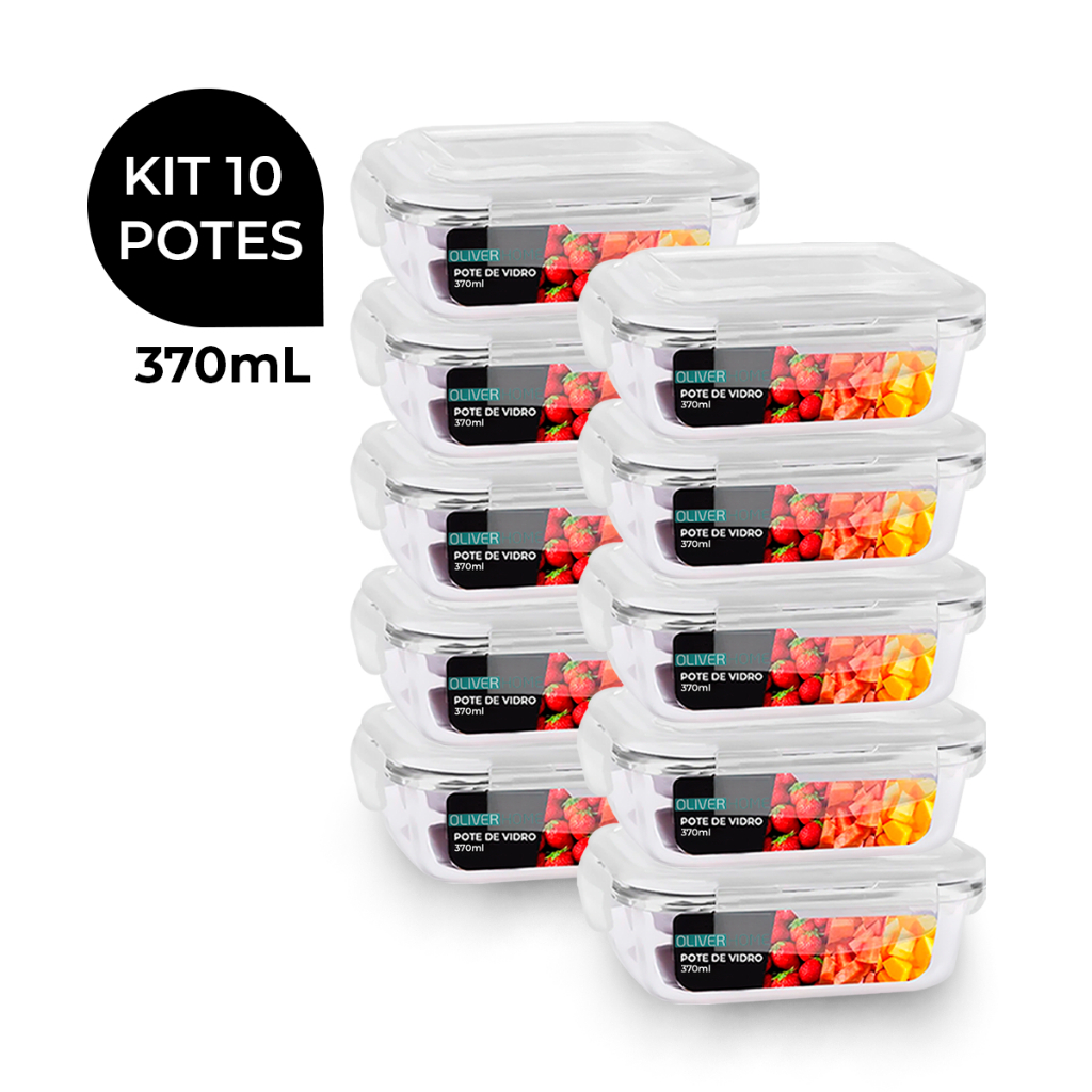 Kit 10 Potes de Vidro 370ml Hermético Marmita Fit com Tampa 4 Travas
