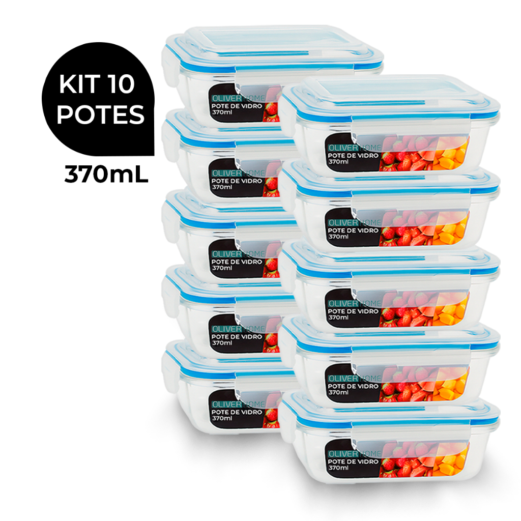Conjunto 10 Potes Vidro Hermético mantimentos marmita 370ml - Pote Hermético - marmita