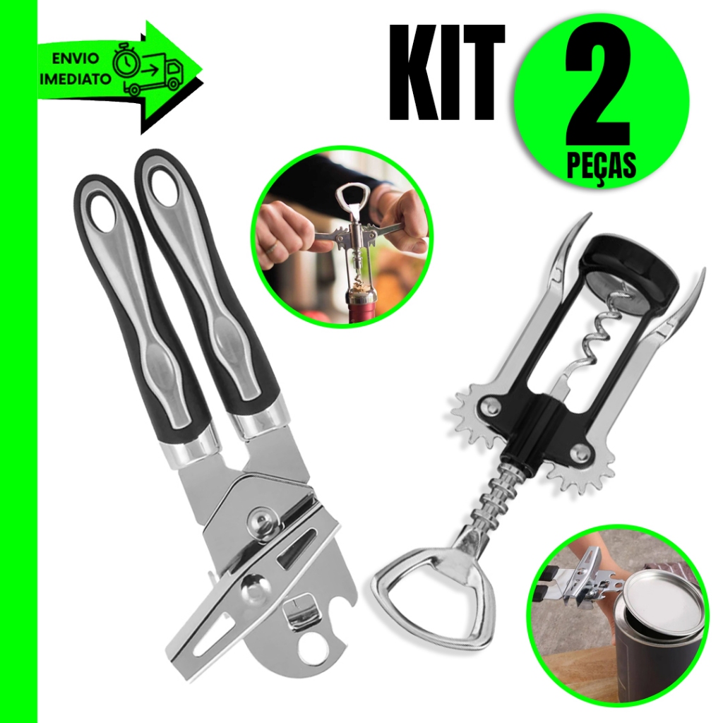 Conjunto 2 Peças para Cozinha – Abridor de Latas + Saca Rolha Prático e Resistente