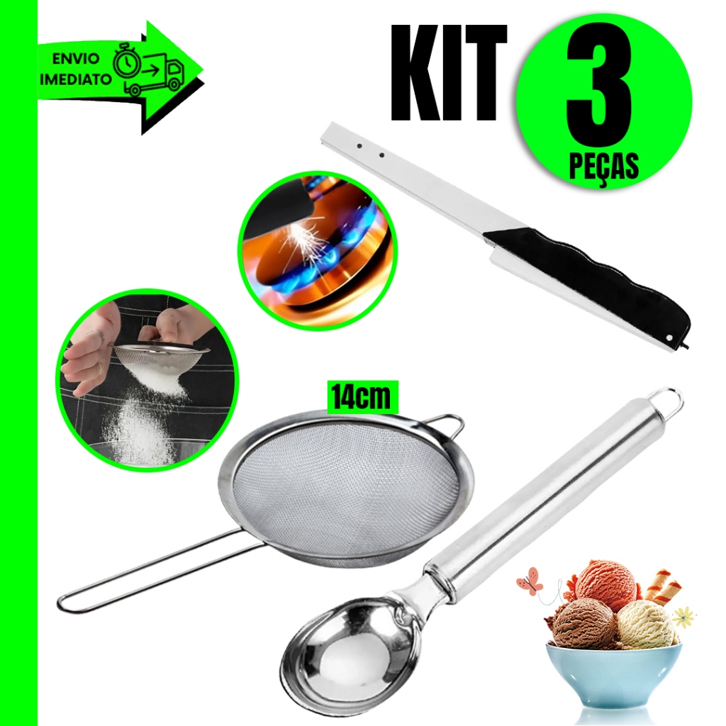 Conjunto 3 Peças Pegador de Sorvete + Peneira 14cm Aço Inox + Acendedor de Fogão Para sua Cozinha