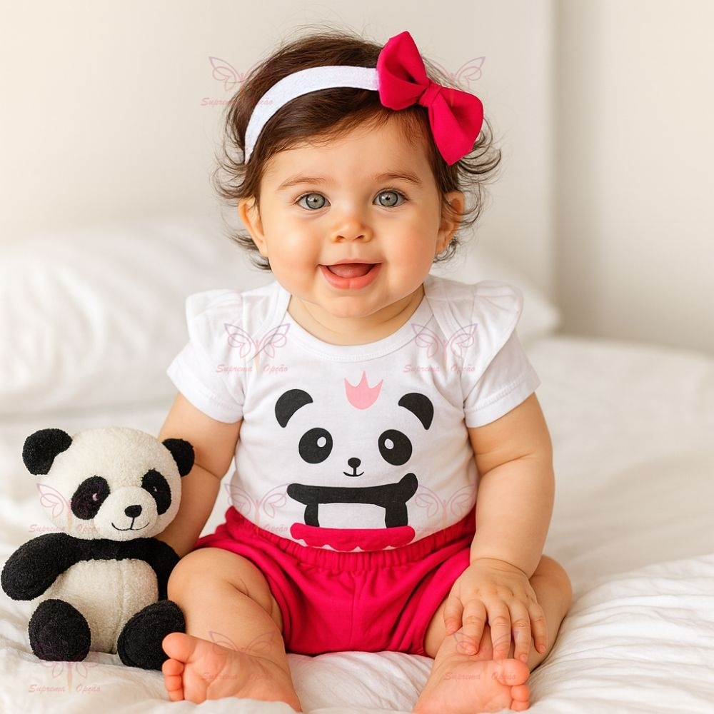 Conjunto 3 Peças Bebê Menina Romper Body + Short + Faixa Cabelo Temático Mesversário Pandinha 02 a 06 Meses