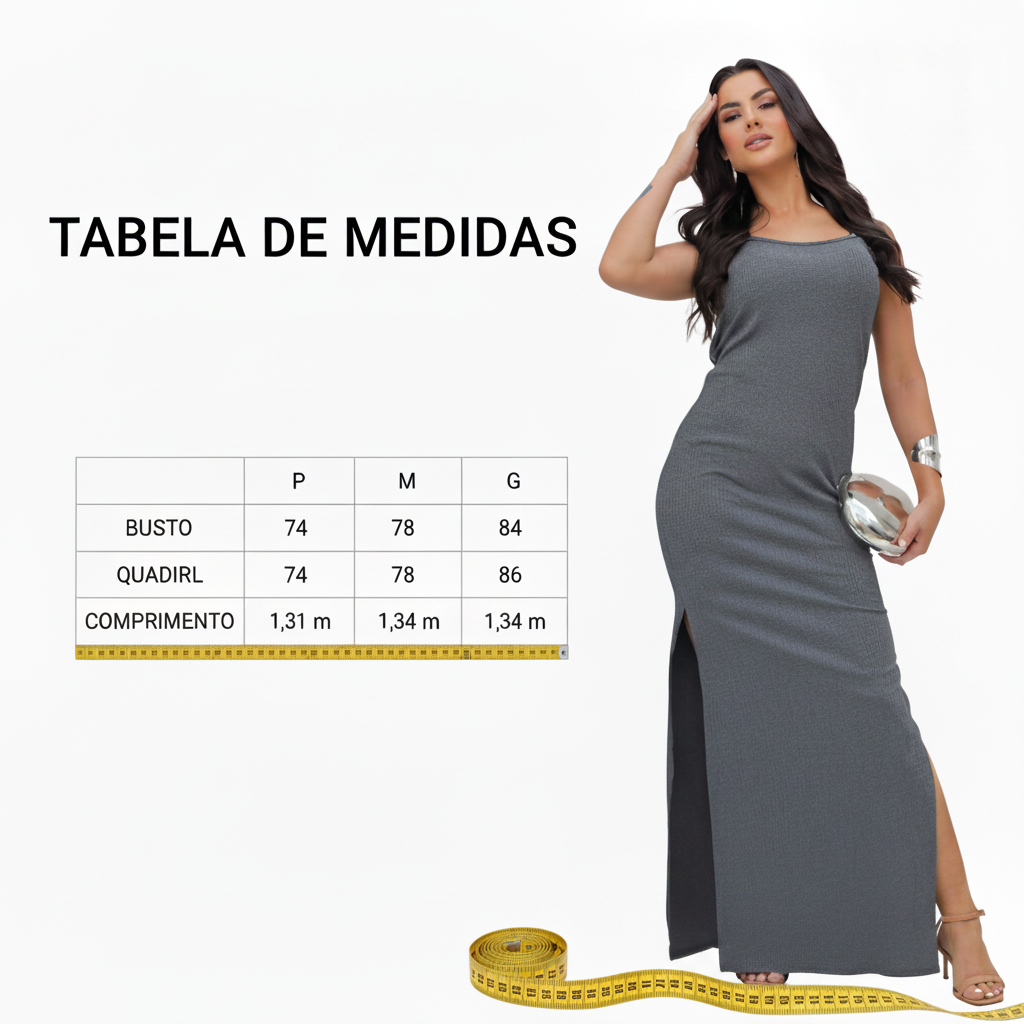 Vestido Longo Feminino Alcinha Fina ,Costa Nua com Bojo ,Canelado Lisa , Fenda Lateral , Verão