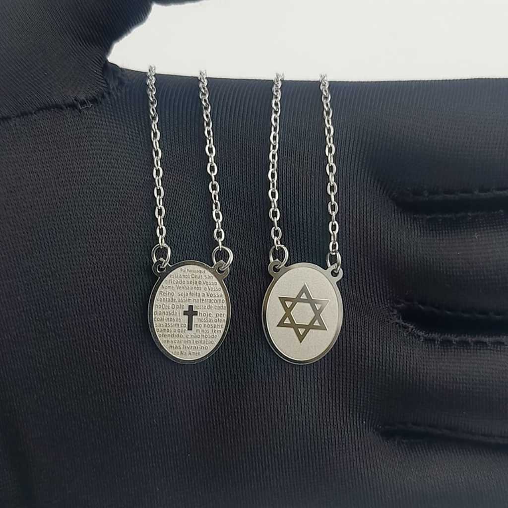 Colar Religioso Escapulário Oval Oração Pai Nosso e Estrela de Davi