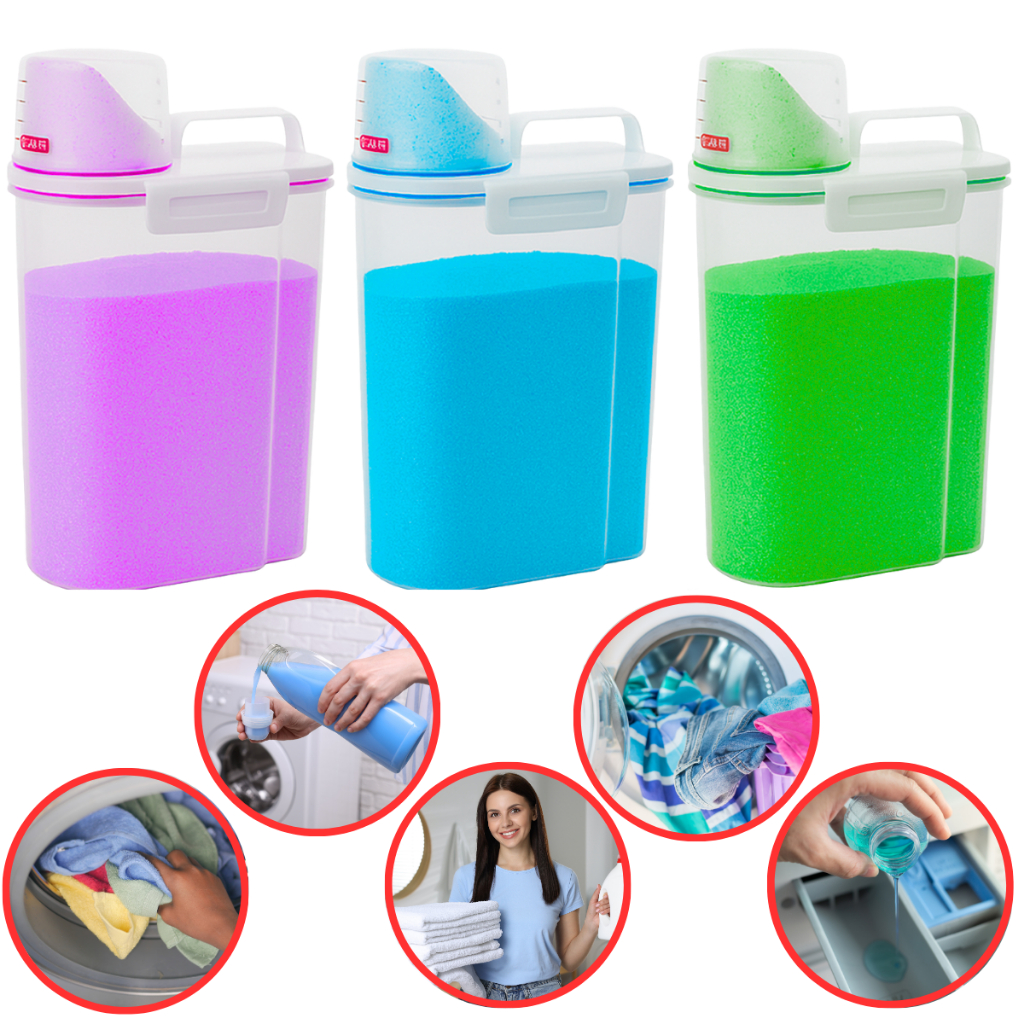 Kit Dispenser Organizador Lavanderia 2 litros Pote Hermético Copo Dosador (AMACIANTE, SABÃO EM PÓ, SABONETE LÍQUIDO) .