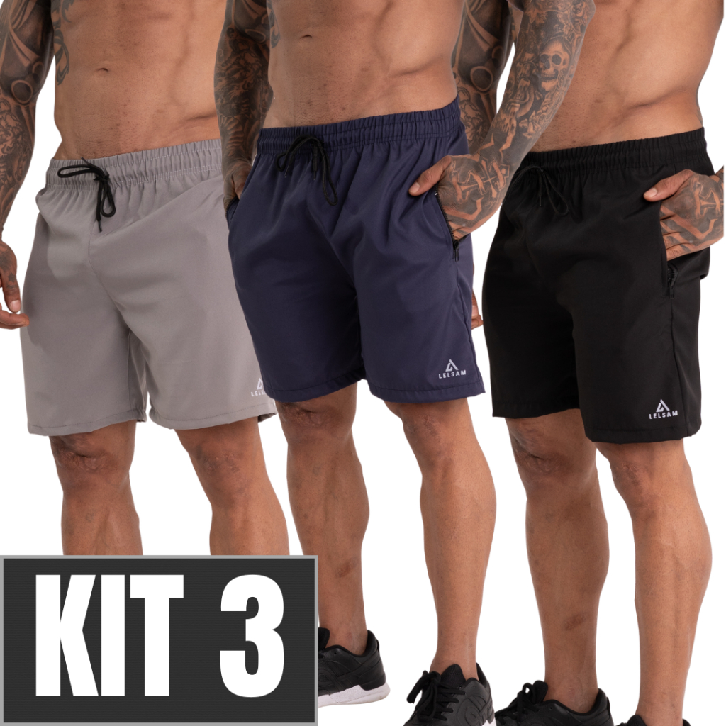 Kit 3 Bermudas Tactel Masculina Academia Praia Secagem Rápida Bolso Zíper Cordão Ajustável