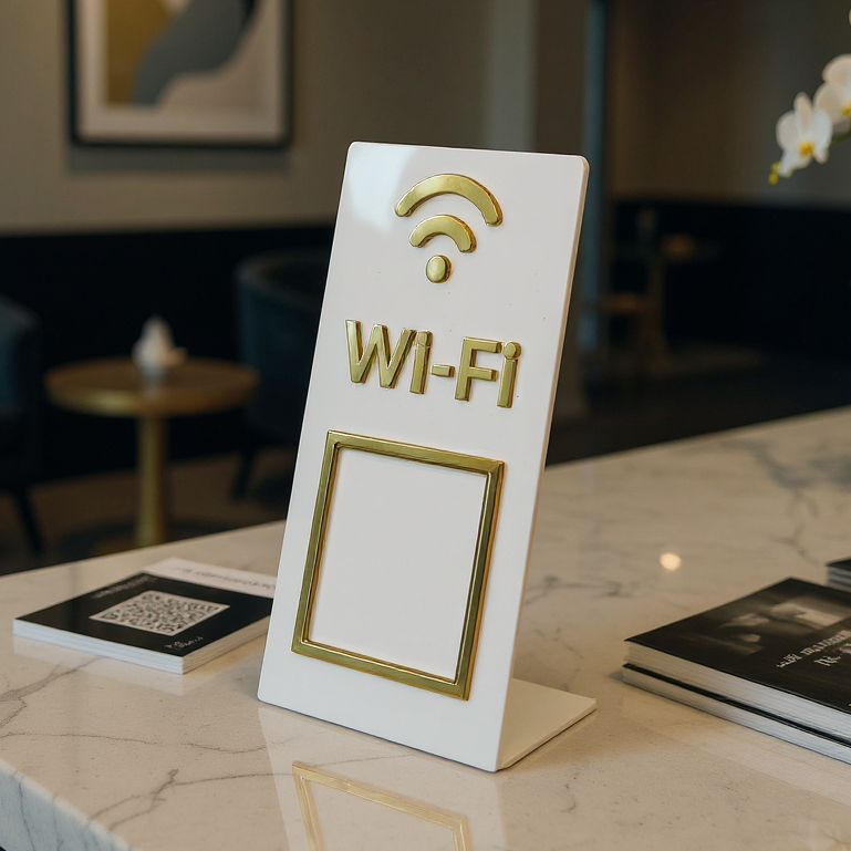 Placa Wifi Display Acrílico Espelhado QR Code Mesa