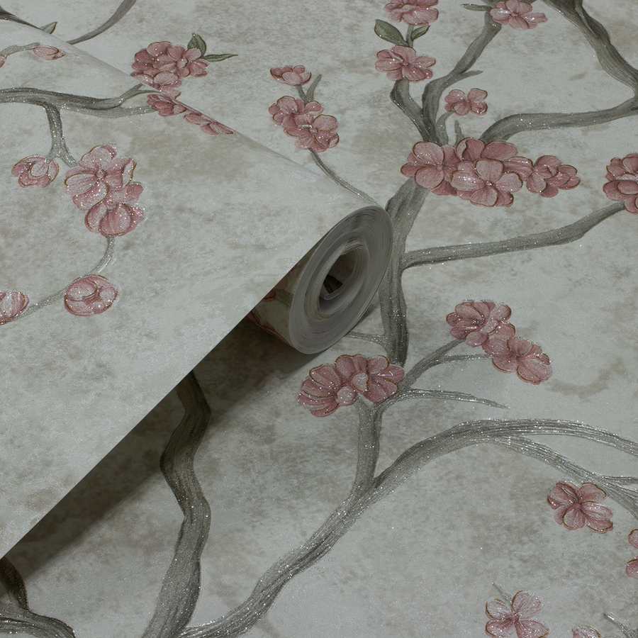 Papel De Parede Flores E Galhos Off White, Cinza E Rosa