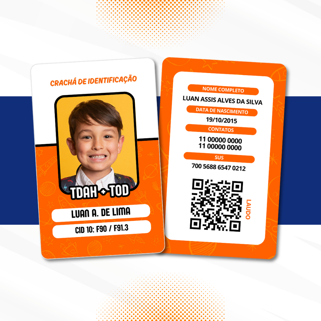 Crachá PVC Personalizado TDAH + TOD com Laudo em Qrcode - Crachá à Prova D'agua