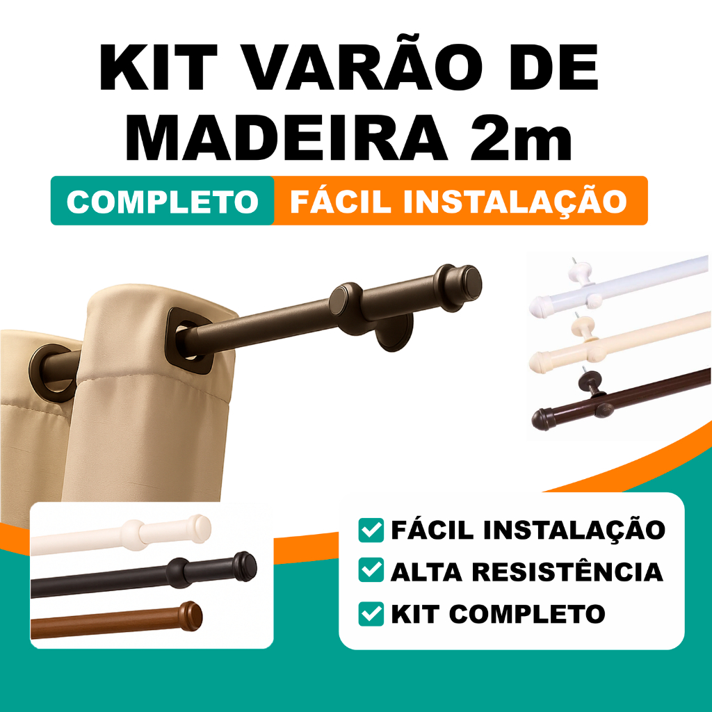 Kit Varão de Madeira 2,00m x 19mm Varal Para Cortina Várias Cores