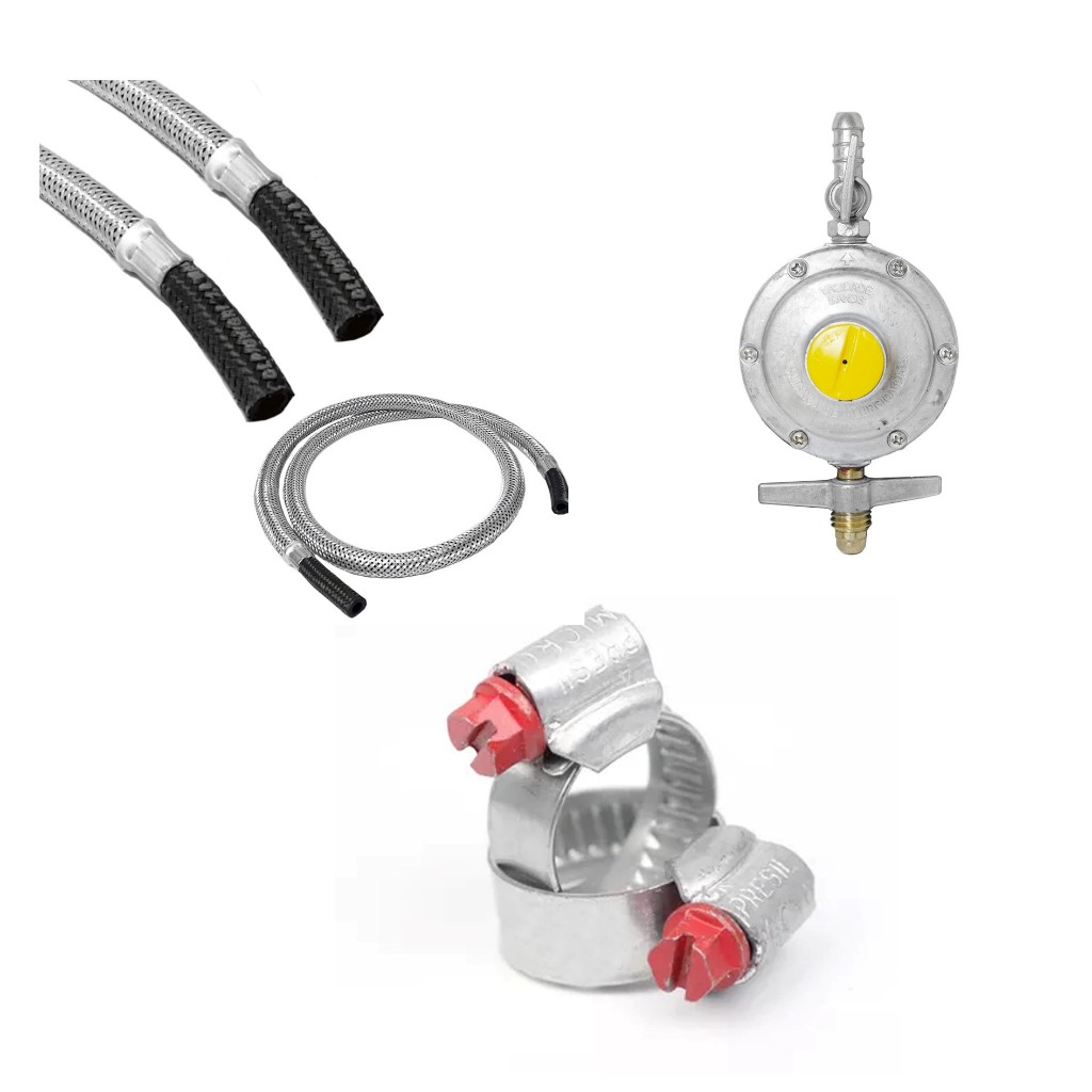 Kit Gás Completo Mangueira Flexível Alta Pressão 2m + Regulador Gás 2kg + Abraçadeiras