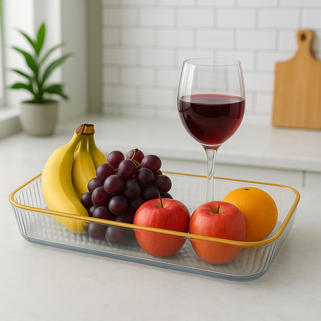 Bandeja Multiuso Cristal Com Alça Dourado Cozinha Servir Alimento Frutas Legumes Funcional