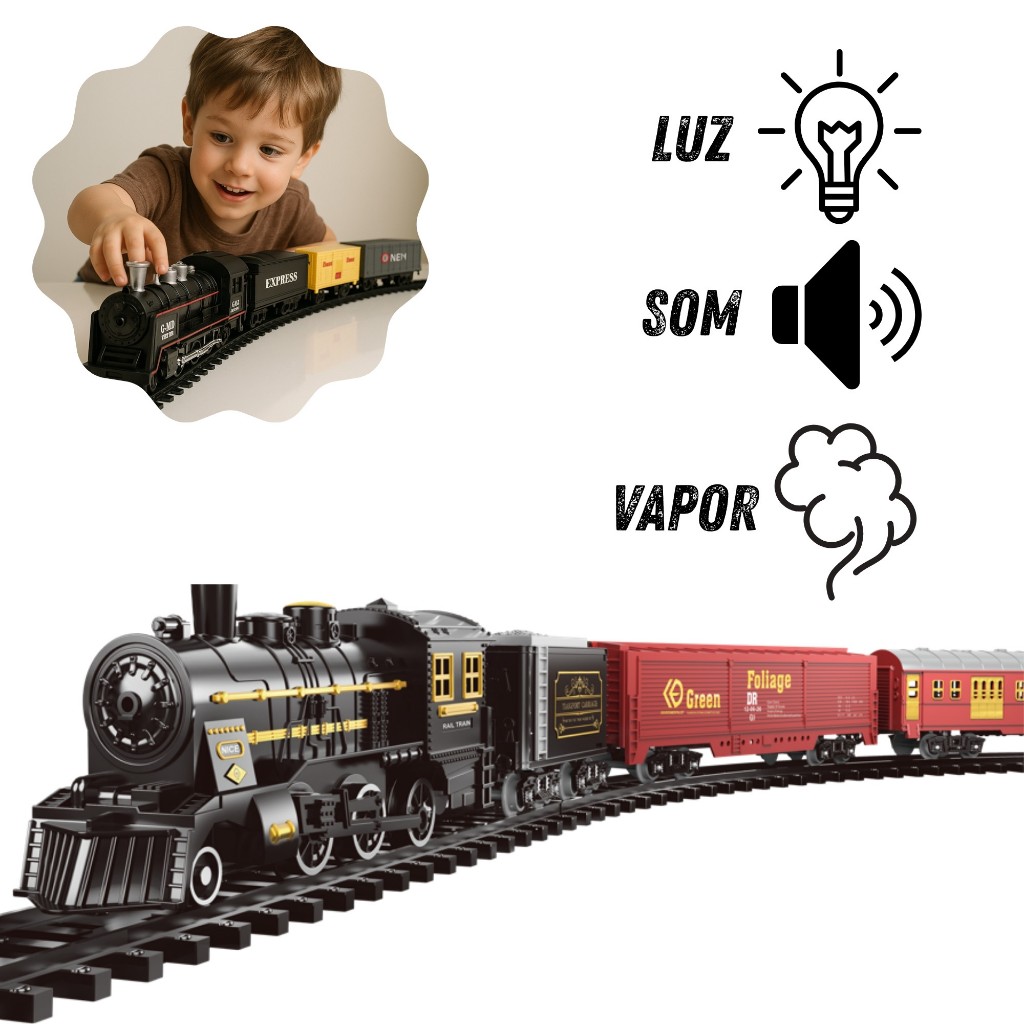 Trenzinho Automático c/ 15 ou 29 Peças, Locomotiva brinquedo, Trem a Pilhas, Luz, Som e Vapor, Retro