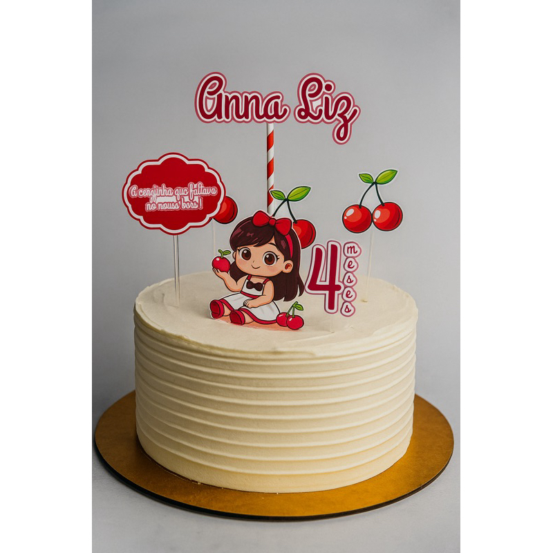 Topo Topper Enfeite de Bolo mesversário A cerejinha que faltava no nosso bolo personalizado menina, vermelho aniversário