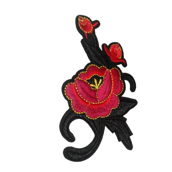 Patch Bordado aplique Termocolante customização de roupas artesanato Jeans Flor Vermelha preto e dourado fácil aplicar