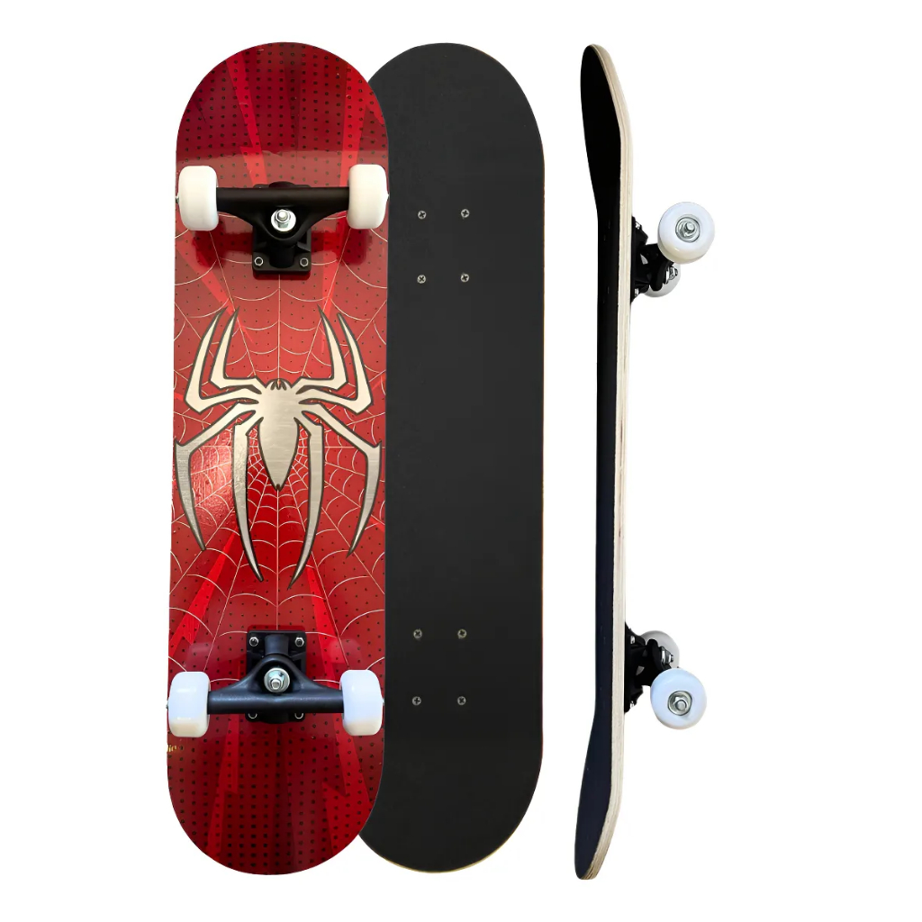 Skate Iniciante Completo Esqueite Desenho Skat Spider Aranha Branca Aço