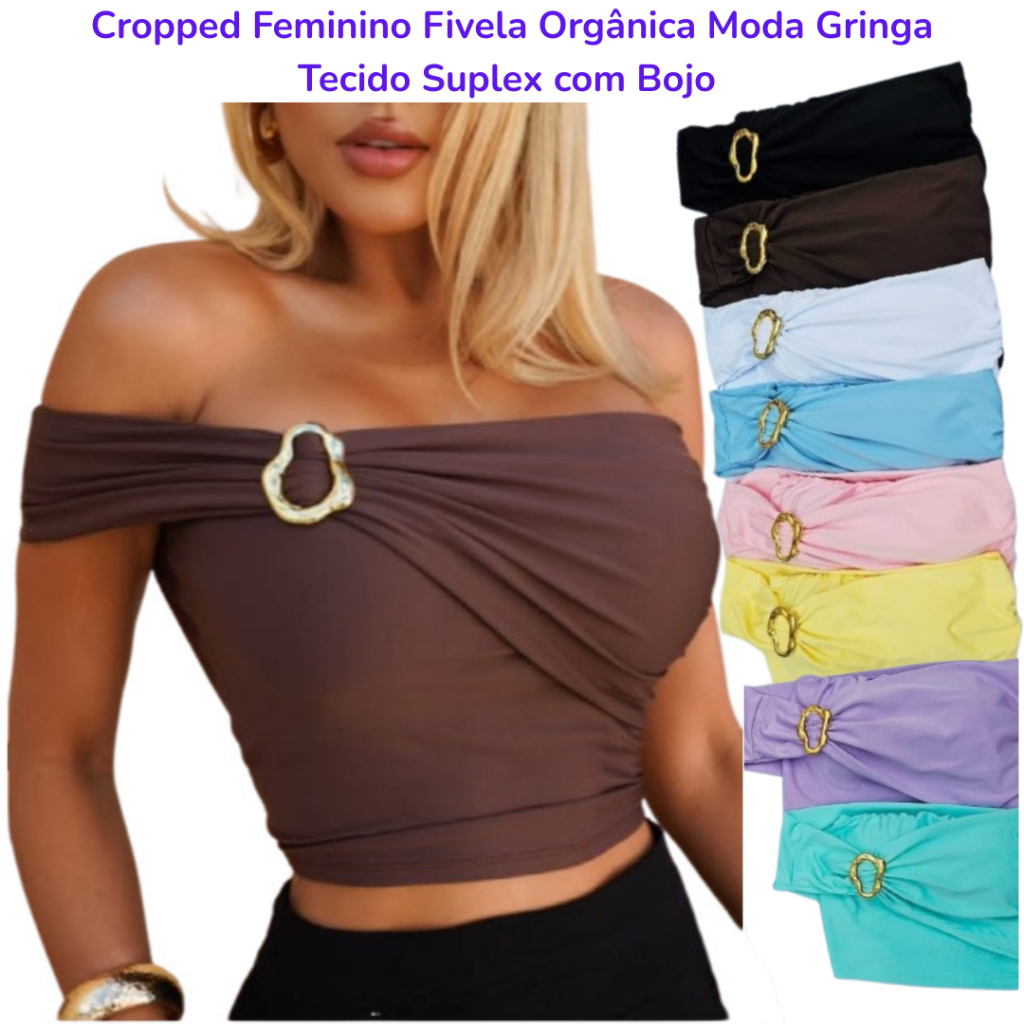 Blusa Cropped Feminino Fivela Orgânica Moda Gringa Tecido Suplex com Bojo em Oferta na Shopee