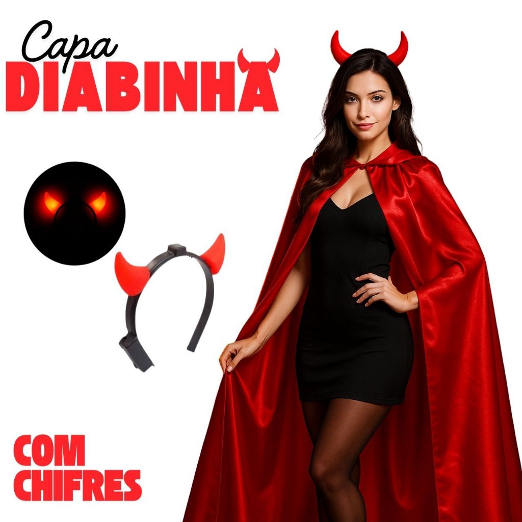 Kit Capa Diabo Diabinho Adulto Infantil + Tiara Diabinho LED ! Capa Unissex Gola Vermelha