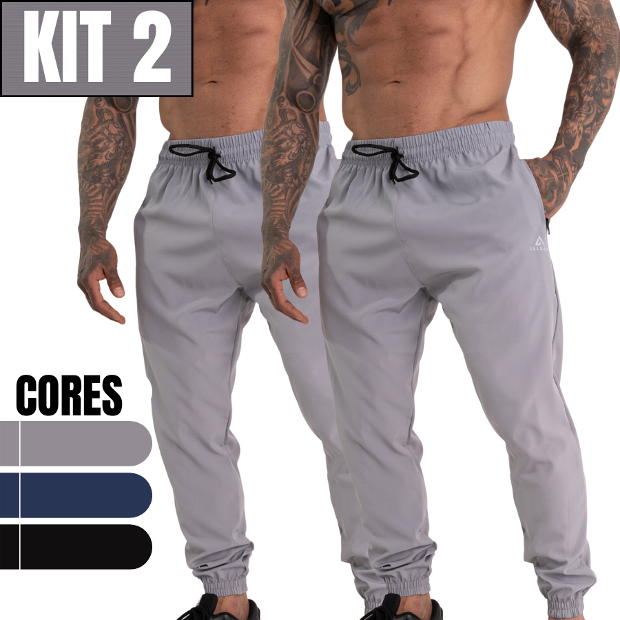 Kit 2 Calças Jogger Tactel Slim Masculina Academia Corrida Treino com Bolsos Zíper