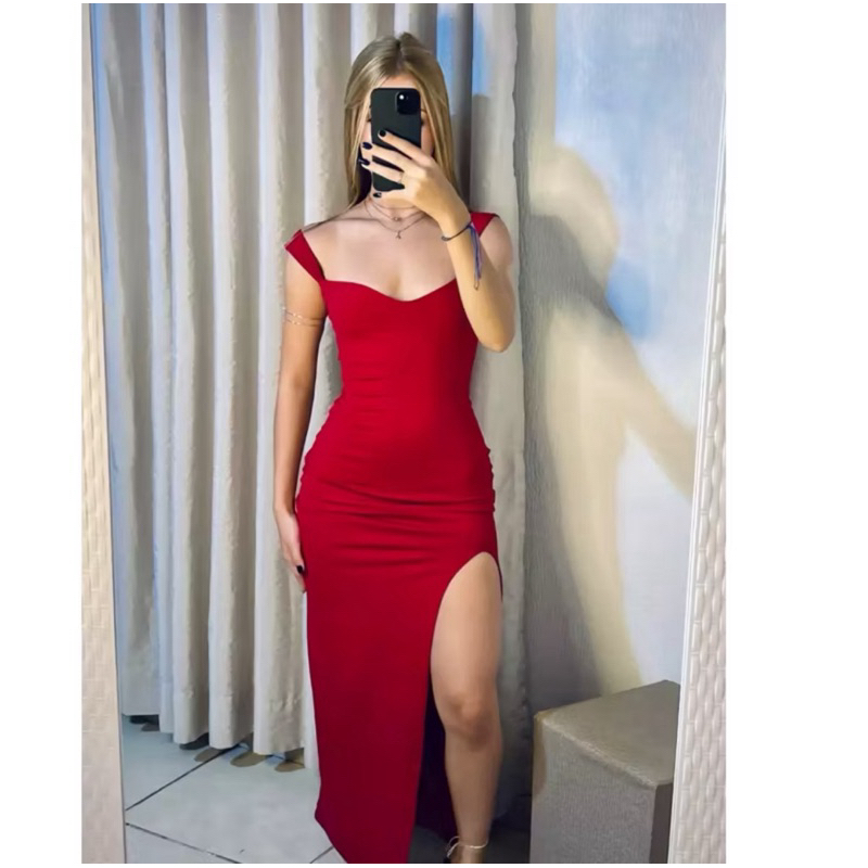 Vestido Longo Com Bojo Fenda Abertura Atraente Sexy Glamurosa Poderosa Festa Jantar em Oferta na Shopee