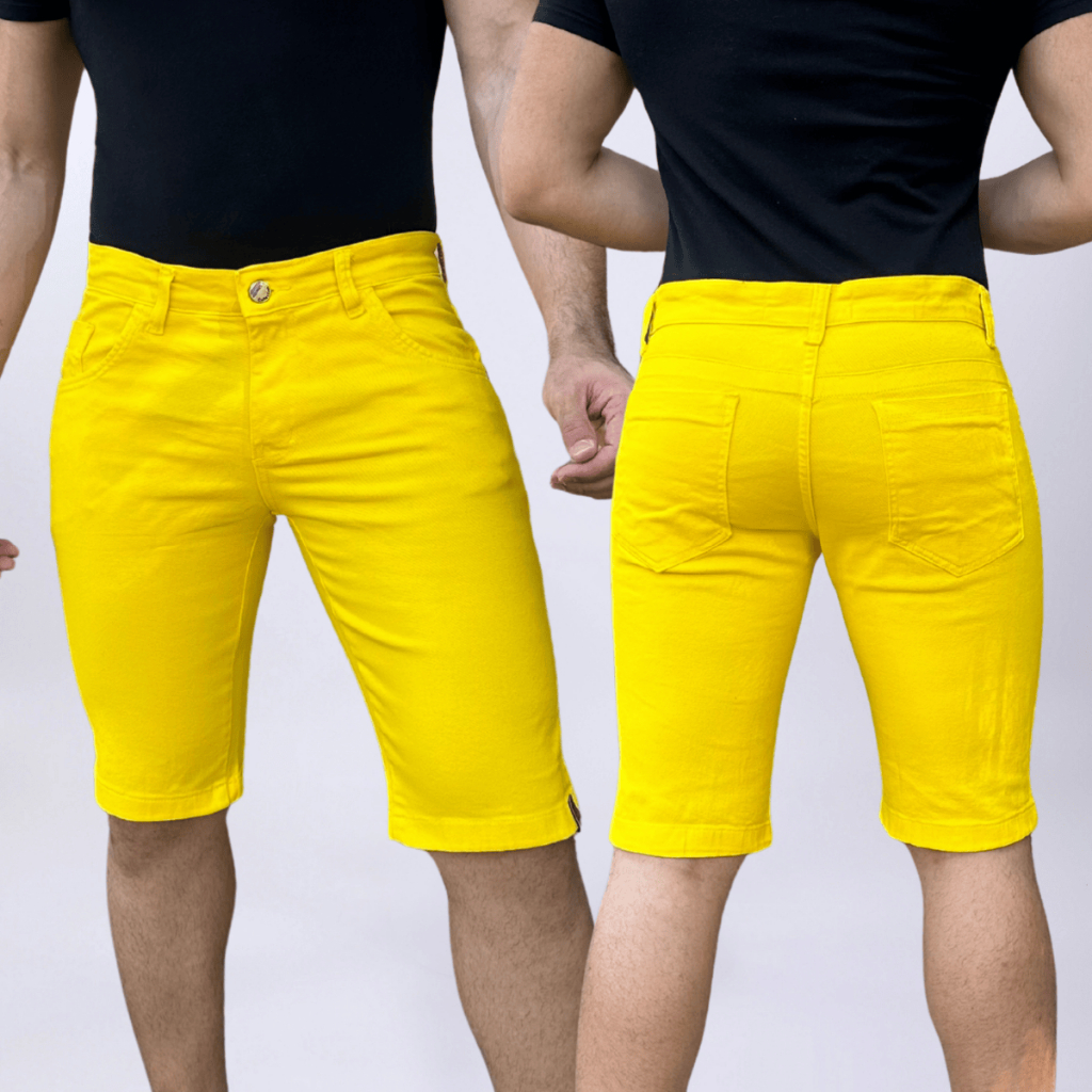 Bermuda Amarela Short Colorido Sarja Brim Bolso Relógio Com Lycra Casual Premium