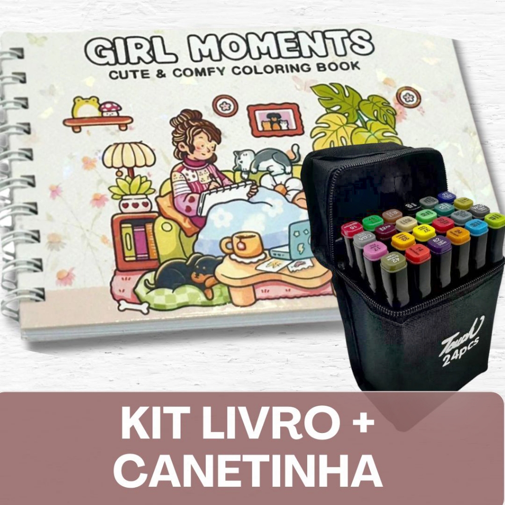 Livro de colorir GIRL MOMENTS  + Canetinhas / 50 Folhas / Capa Holográfica