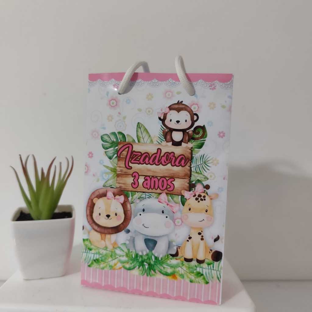 Sacolinha Personalizados Safari Baby Menina Lembrancinha  para Festa de Aniversário sacolinha Surpreza Pegue e Monte