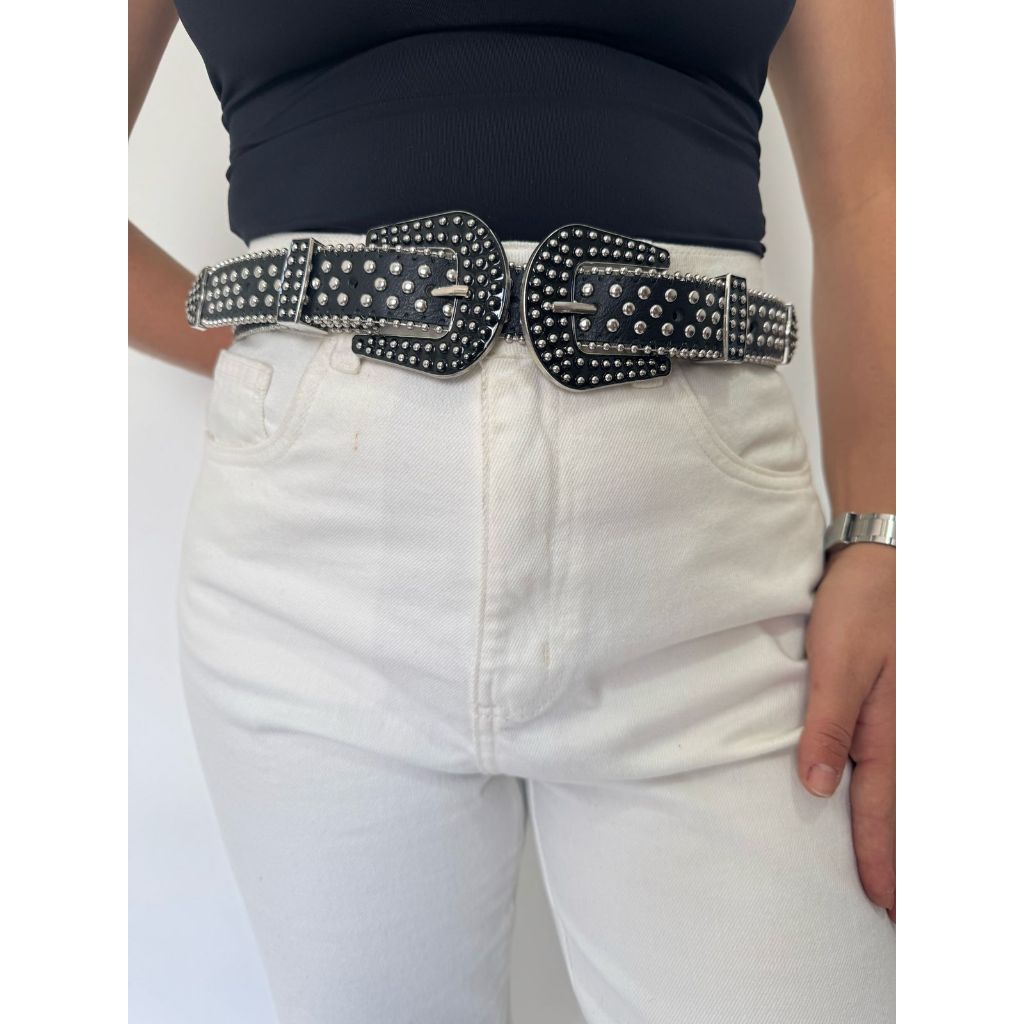 cinto feminino country com duas fivelas com rebites e stras fivela dupla western 110cm 36 ao 44 em Oferta na Shopee