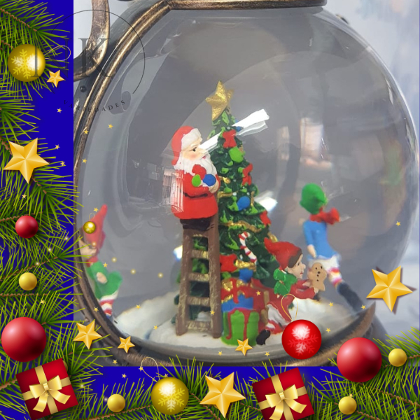 GLOBO MUSICAL LANTERNA NATALINA PAPAI NOEL , ELFOS SOM E MOVIMENTO ENFEITE DECORAÇÃO
