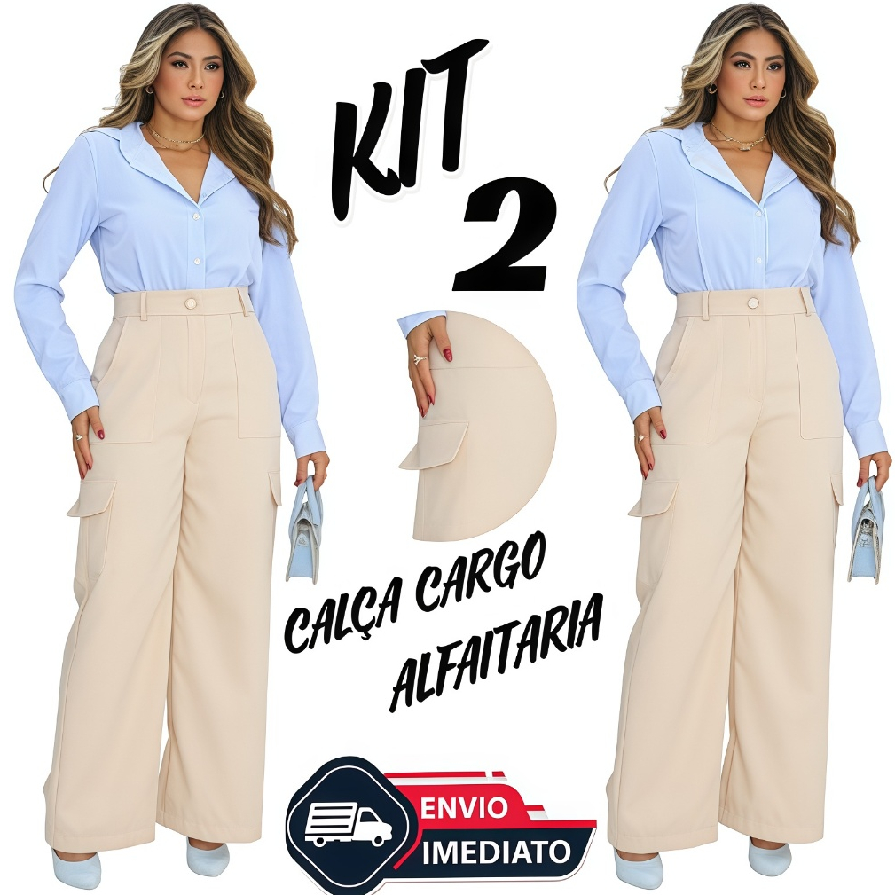 Kit 2 Calça Pantalona Feminina em Alfaiataria Cargo Wide Leg Casual Para Trabalhar