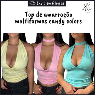 Blusa Cropped Feminina Com Amarração Frente Única Suplex Decote Candy Colors Verão em Oferta na Shopee