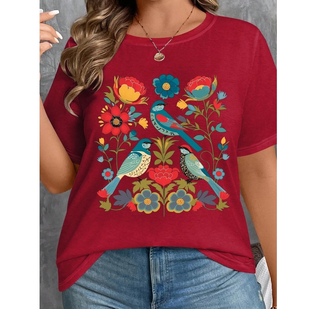 Camiseta Slim Premium Estampada Pássaros e Flores Coloridas Algodão 30.1 Confortavel Moda Feminina