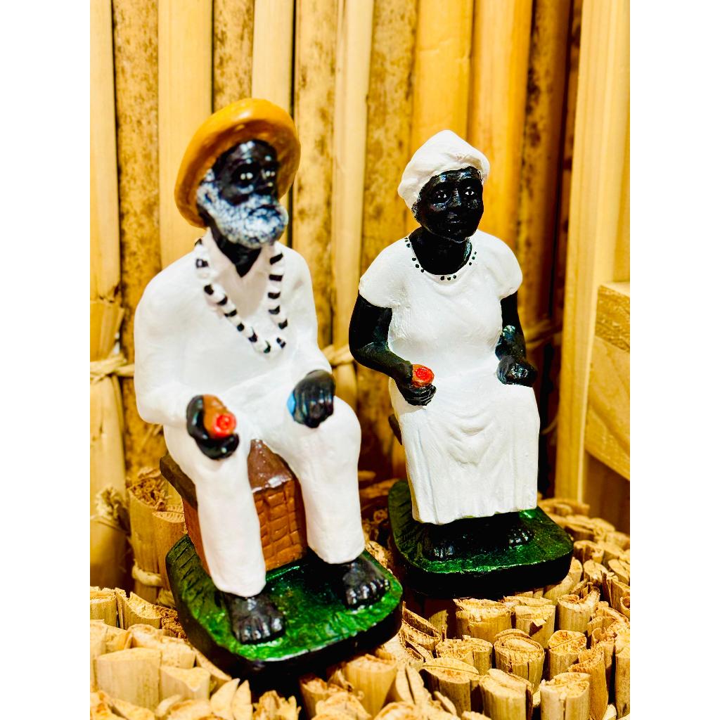 Imagem Casal Pretos Velhos em Gesso Decorado - 7cm e 13cm / Umbanda, Candomblé em Oferta na Shopee