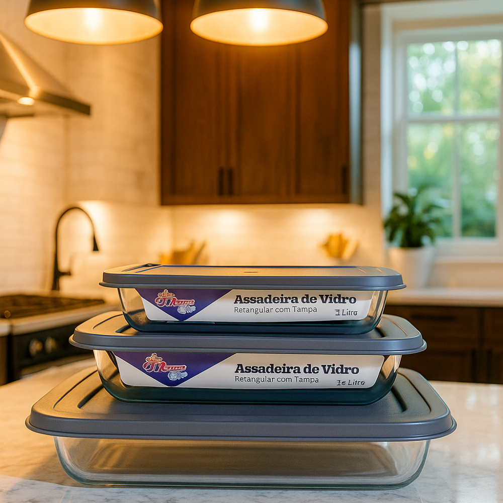 Kit 3 Travessa Vidro Temperado Assadeira Refratária Resistência Grande Média Pequena Forno Cozinha