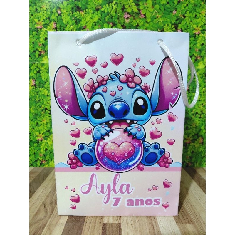 Sacolinhas Personalizadas Stitch Grande 21x15x5cm Com Nome e Idade Lembrancinha Festa