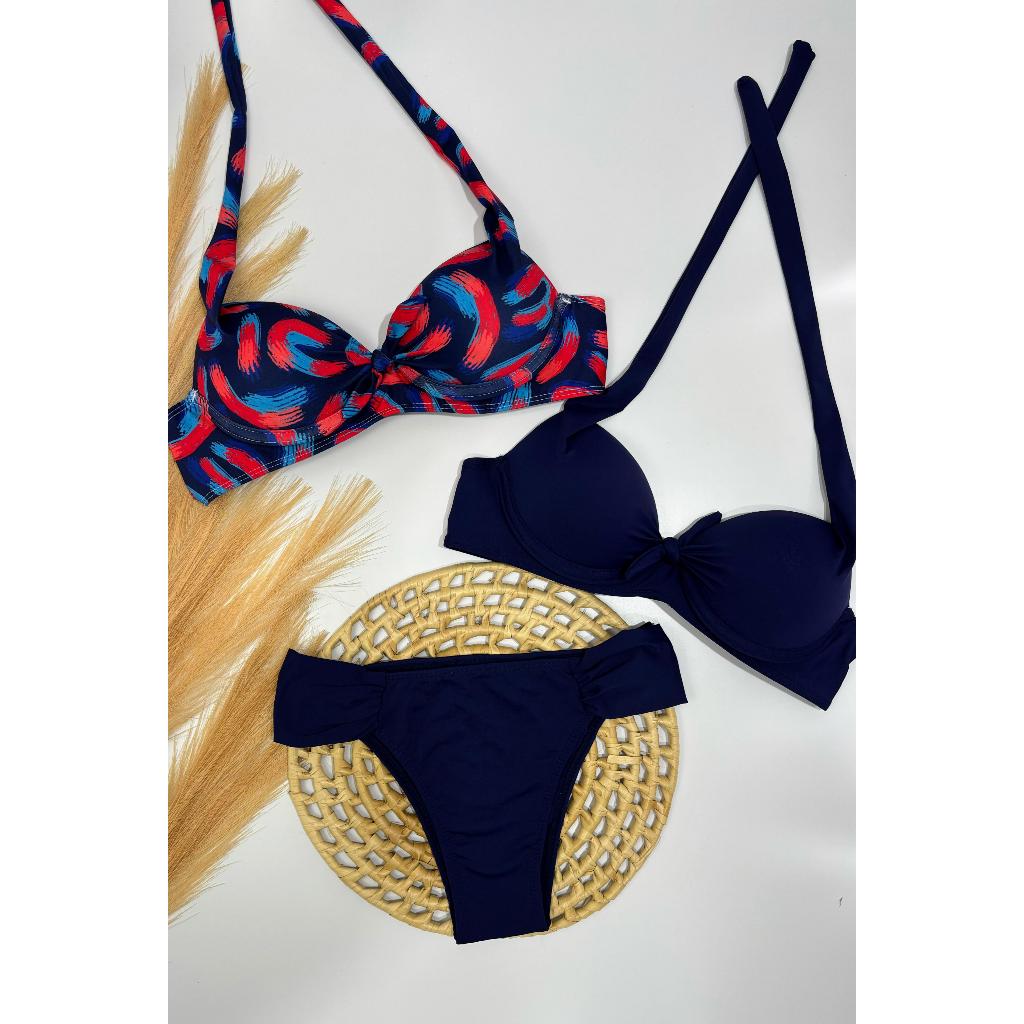 Kit Caiçara Beachwear, dois Top bojo com calcinha, azul e vermelho, estampado, plus size, praia