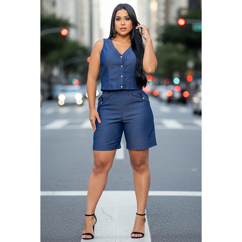 Conjunto Feminino Jeans Shorts E Colete Estilo Casual Verão em Oferta na Shopee