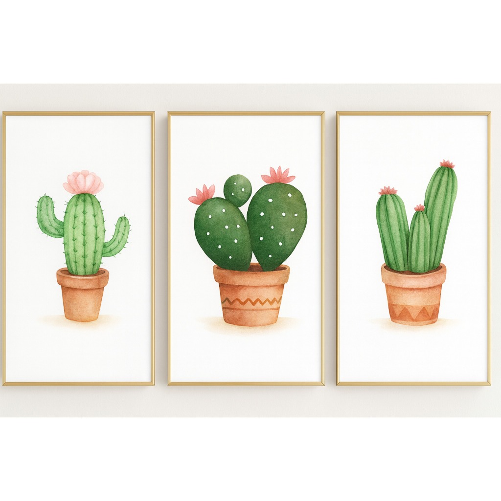 Kit Quadros Decorativos Cactos Coloridos arte cactos com flores quadros para sala ou varanda