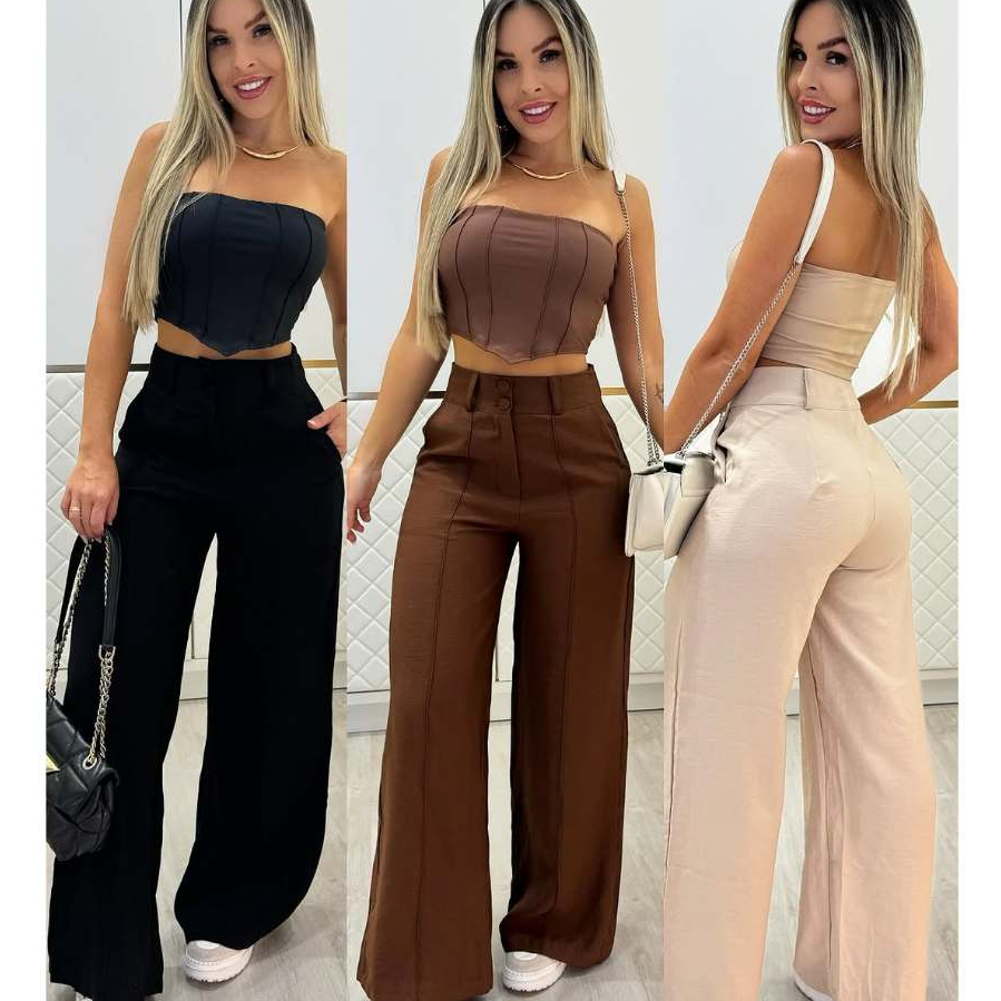 KITS Calça Pantalona Duna Feminina Com Bolso e Zíper Cintura Alta tecido Duna -Tendencia
