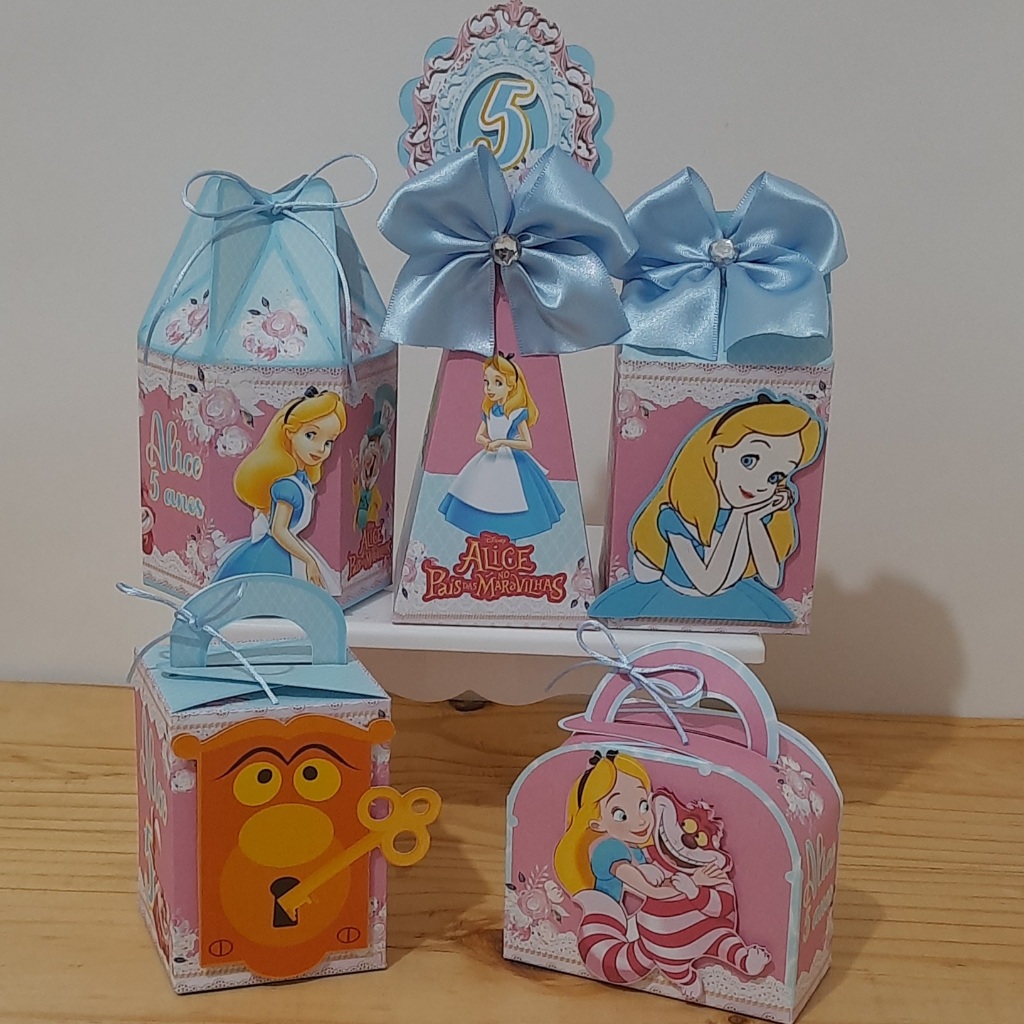 ALICE NO PAÍS DAS MARAVILHAS Kit de Caixinhas para Decoração e Lembrancinha de Festa de Aniversário