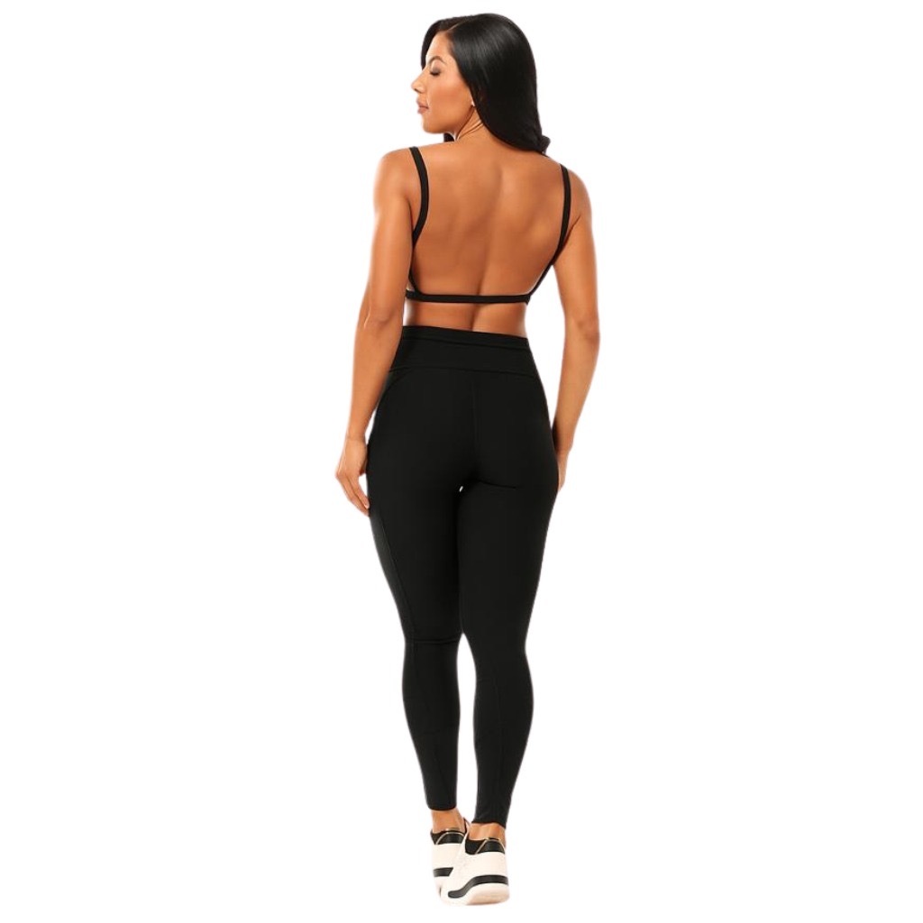 Conjunto Fitnes Feminino Top Alça Fina Costas + Legging Bolso Lateral Academia Zero TRansparencia
