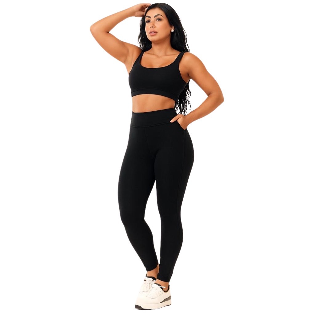 Conjunto Treino Feminino Legging + Top Alças Finas Modela Zero Transparencia Bolso Lateral Musculação Crossfit