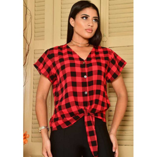 Blusa feminina viscose Manga Curta Xadrez com Botão e Amarração na frente em Oferta na Shopee