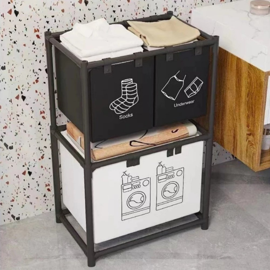 Cesto De Roupa Suja 3 Divisórias Guarda Roupa Lavanderia Organizador Grande Prateleira Vertical Rack